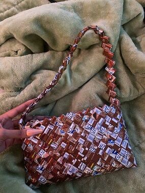 Recycled Metallic Brown Woven Shoulder Bag